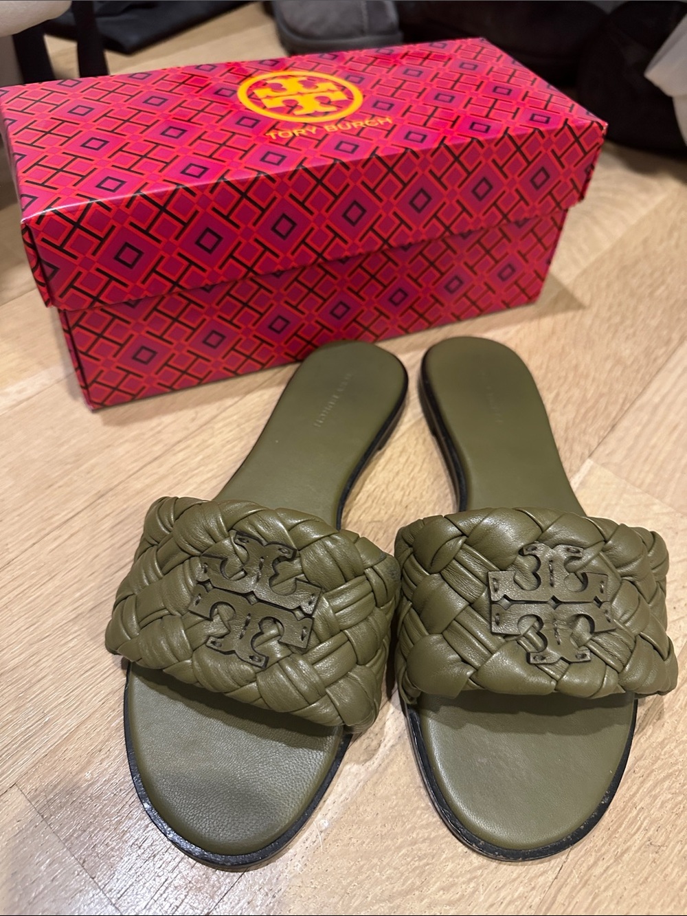 Tory Burch Olive Braided Leather Slide Sandals
